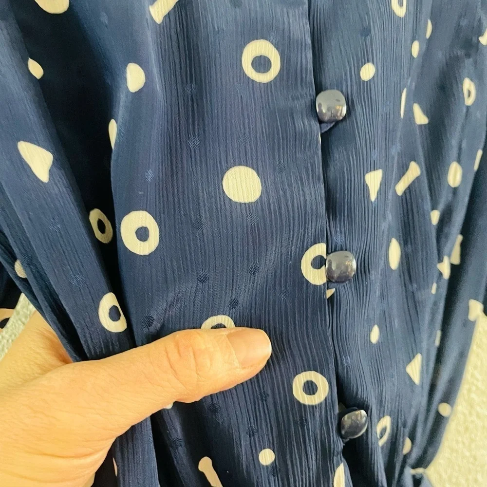 Vintage Liz Claiborne Navy Blue Button Back Abstract Print Pleated Midi Dress - Picture 9 of 16